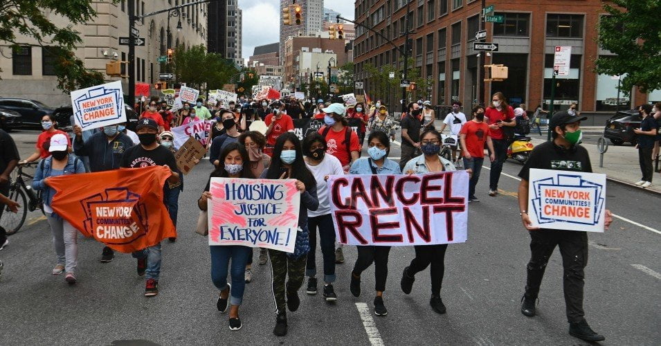 Activists and relief groups in New York City join a national day of action protesting against law enforcement who forcibly remove people from homes on September 1, 2020.