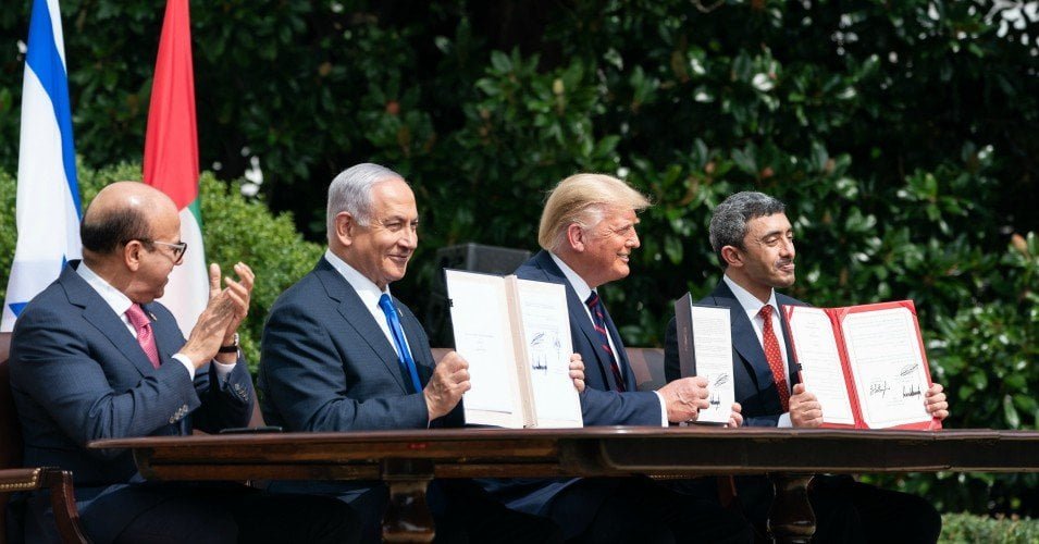 U.S. President Donald Trump, Israeli Prime Minister Benjamin Netanyahu, UAE Foreign Minister Abdullah bin Zayed Al Nahyan, and Bahrain Foreign Minister Abdullatif bin Rashid Al Zayani attend a signing ceremony at the White House on September 15, 2020.